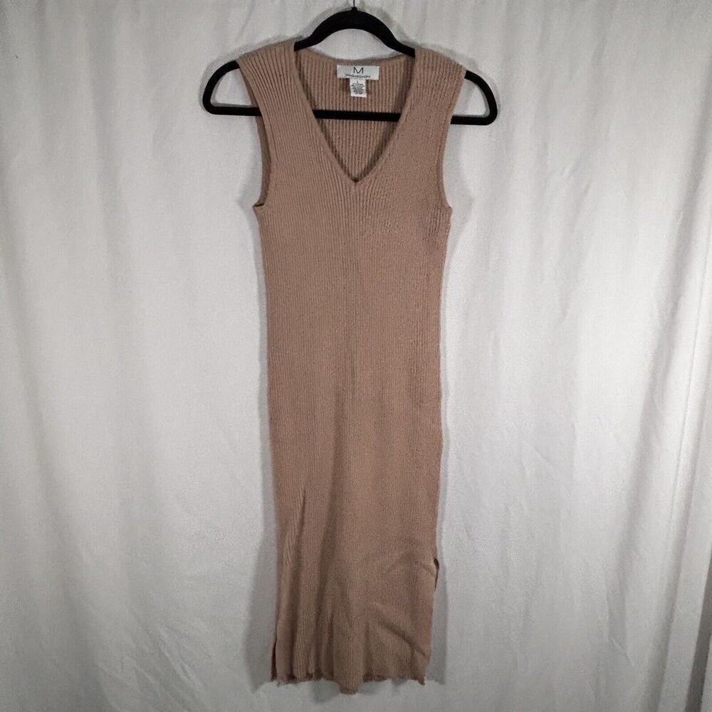 Magaschoni Midi Dress Women Large Tan Sleeveless Vneck Ribbed Stretchy Side Slit